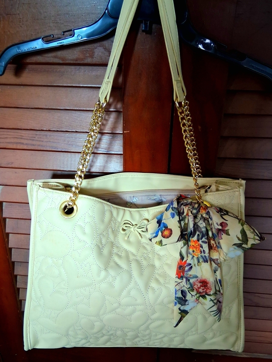Betsey Johnson Handbags - Betsey Johnson Cream Quilted Shoulder Bag with Floral Scarf and Gold Chains
